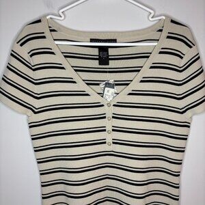 GEOFFREY BEENE NEW Knit Short Sleeve V-Neck Top Womens L Tan Black